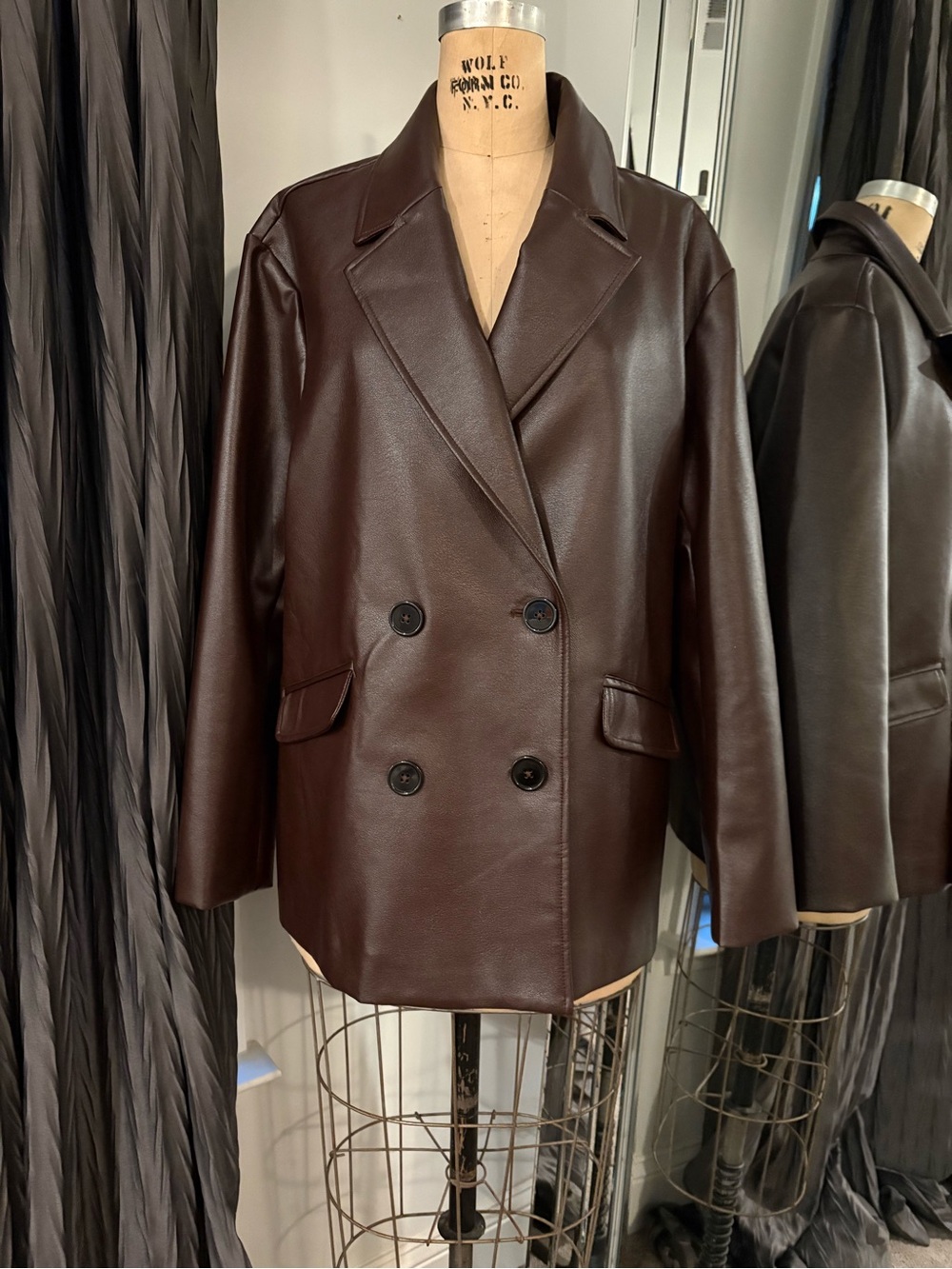 Bar III Dark Brown Double-Breasted Faux Leather Jacket